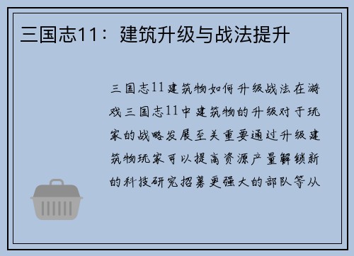 三国志11：建筑升级与战法提升